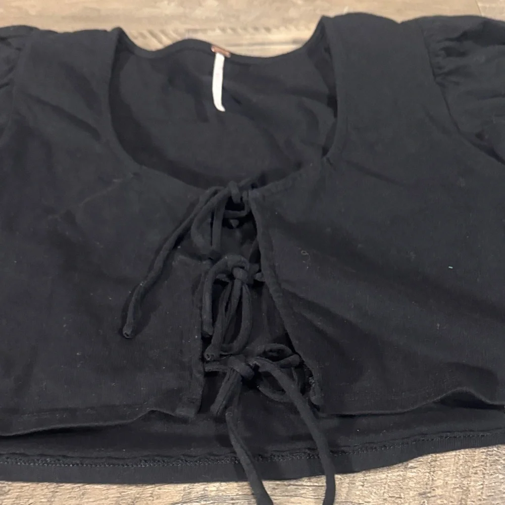 Free People 100% Cotton Black Puff Sleeve Front Tri-Tie Closure Top - Size M